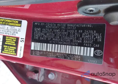 2022 Toyota Camry Le из США, поврежденный, VIN 4T1C11AK5NU051070